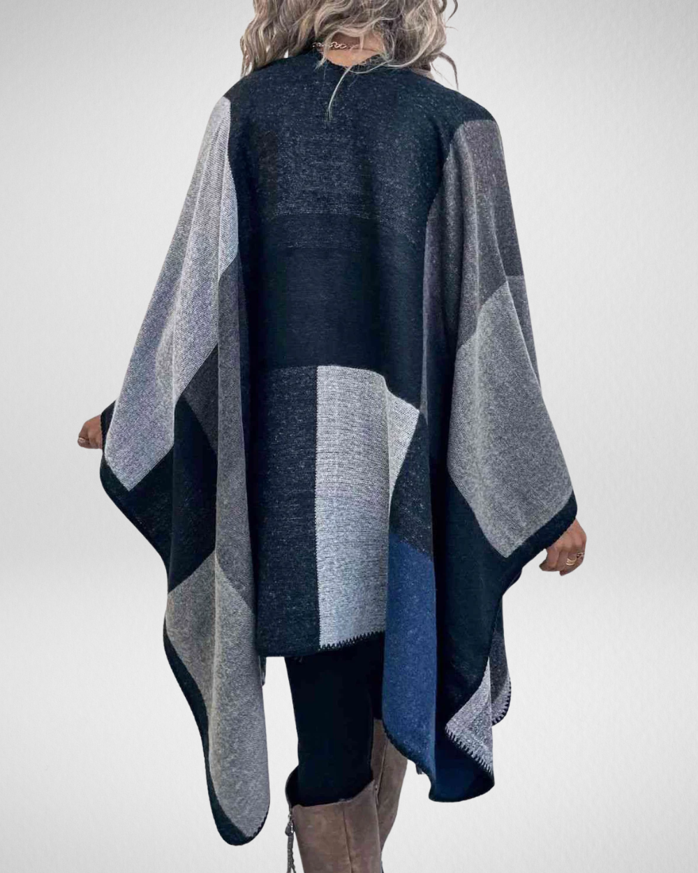 女性用バイカラーブロックポンチョカーディガン