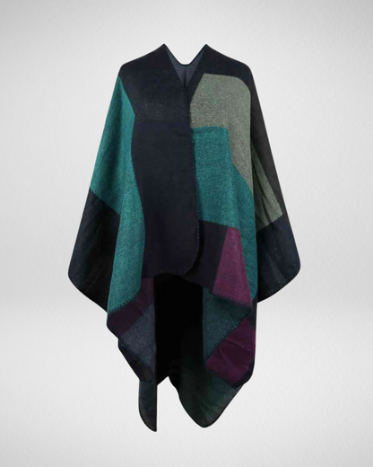 女性用バイカラーブロックポンチョカーディガン