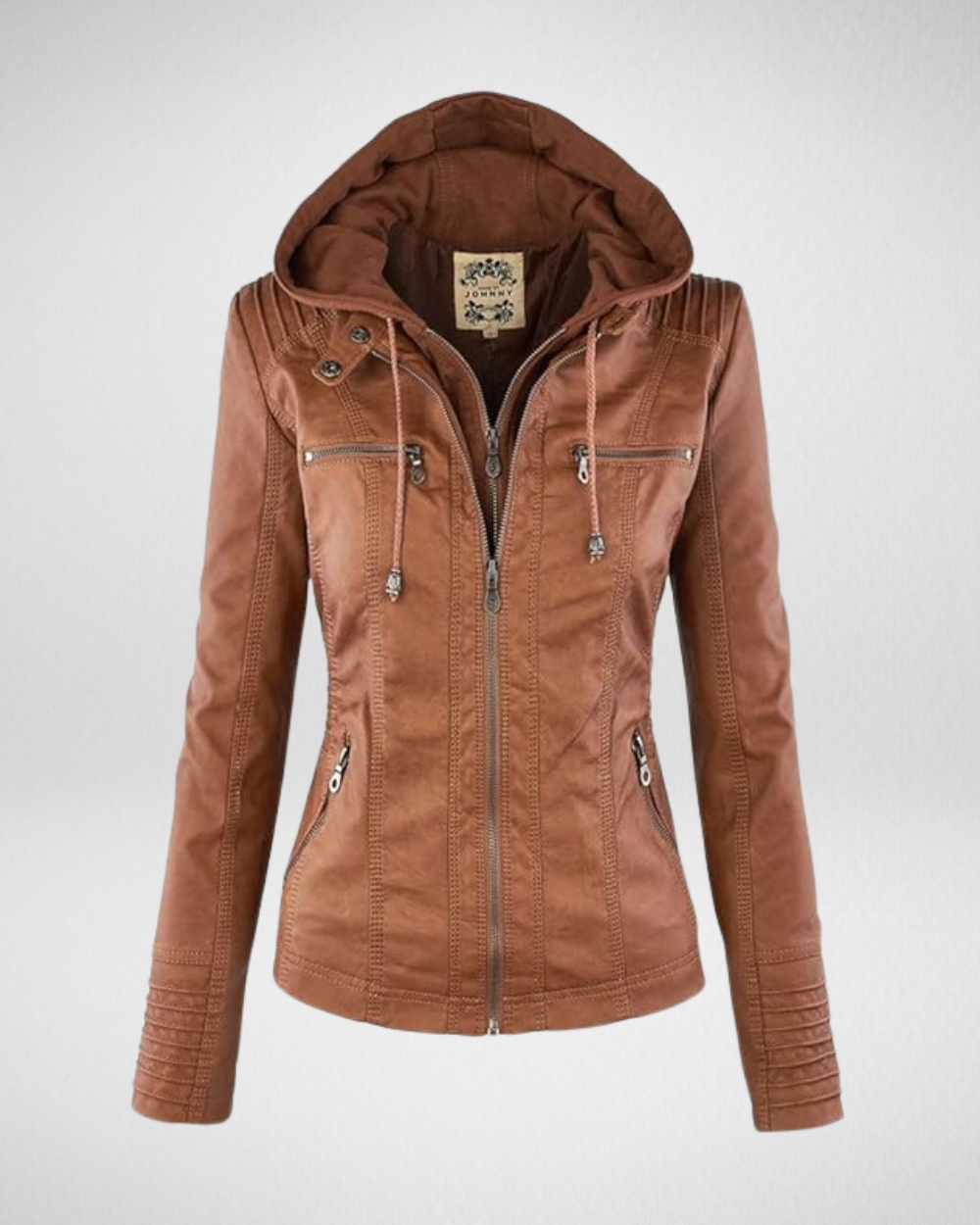 女性用フェイクレザーフーディージャケット