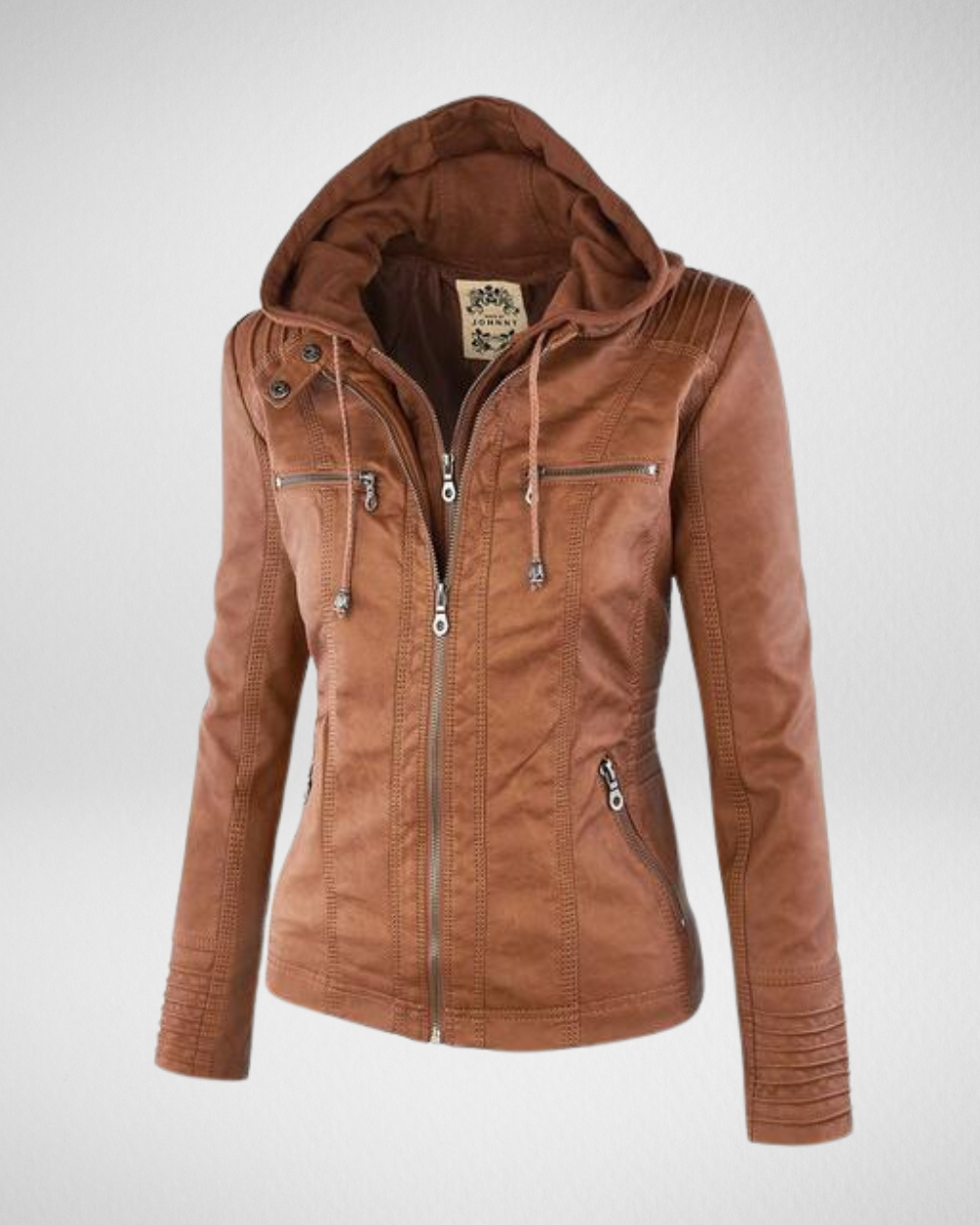 女性用フェイクレザーフーディージャケット