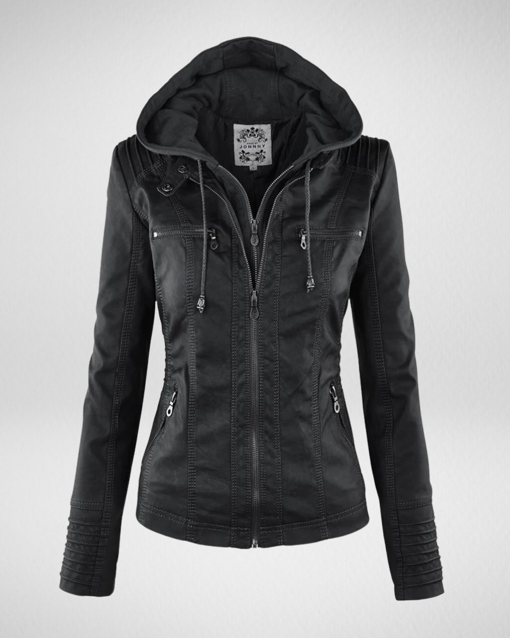 女性用フェイクレザーフーディージャケット