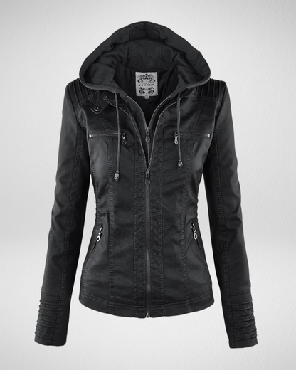 女性用フェイクレザーフーディージャケット