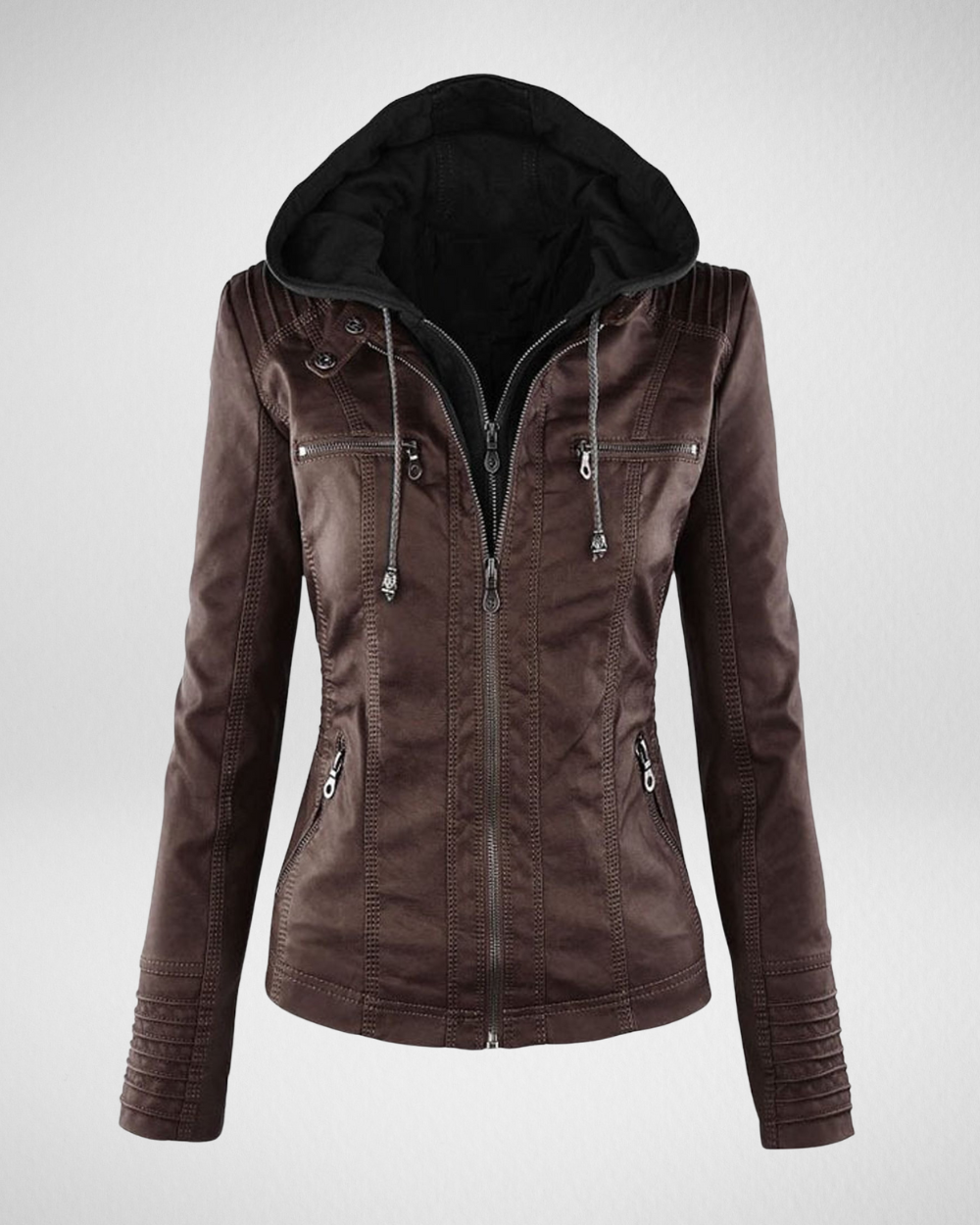 女性用フェイクレザーフーディージャケット