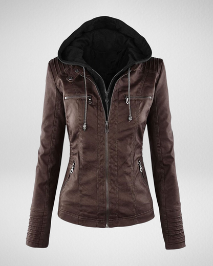 女性用フェイクレザーフーディージャケット