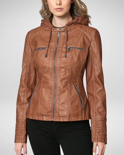 女性用フェイクレザーフーディージャケット