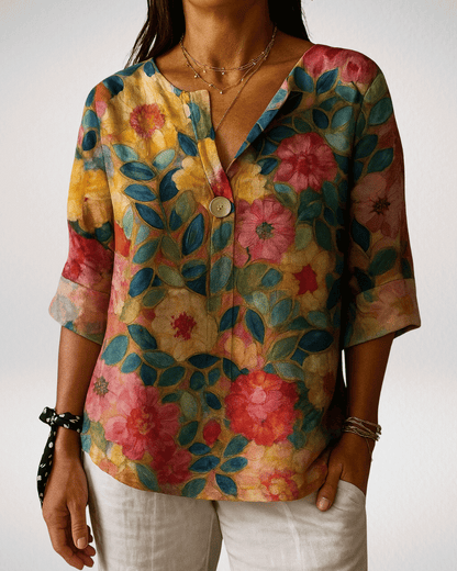 女性用フローラルVネック七分袖ブラウス