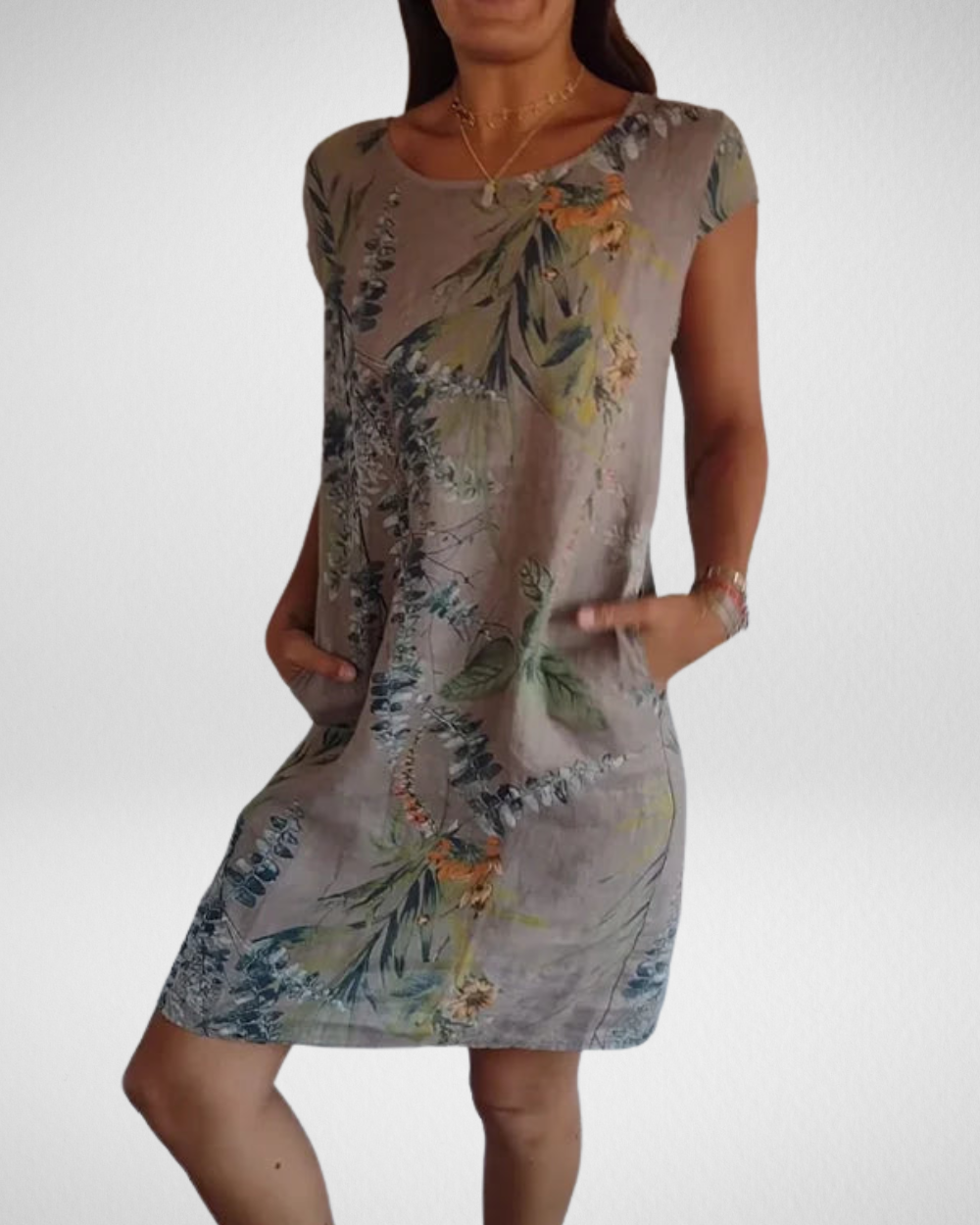 女性用リネン風ボタニカルプリントワンピース
