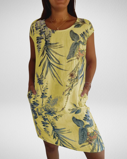 女性用リネン風ボタニカルプリントワンピース