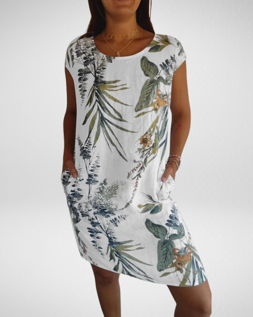 女性用リネン風ボタニカルプリントワンピース