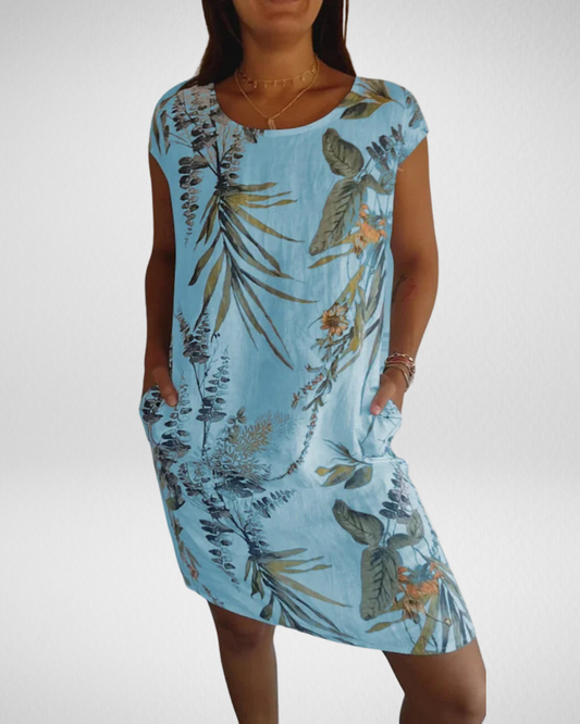 女性用リネン風ボタニカルプリントワンピース