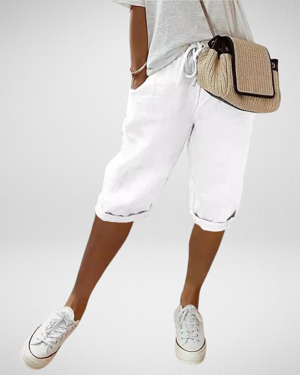 女性用リネンブレンドひざ丈ショートパンツ