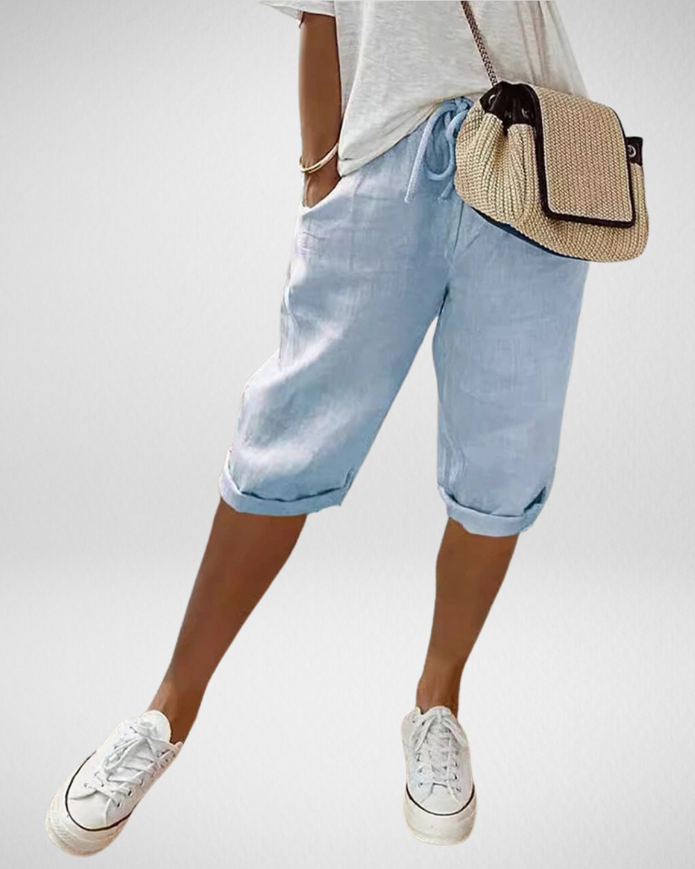 女性用リネンブレンドひざ丈ショートパンツ