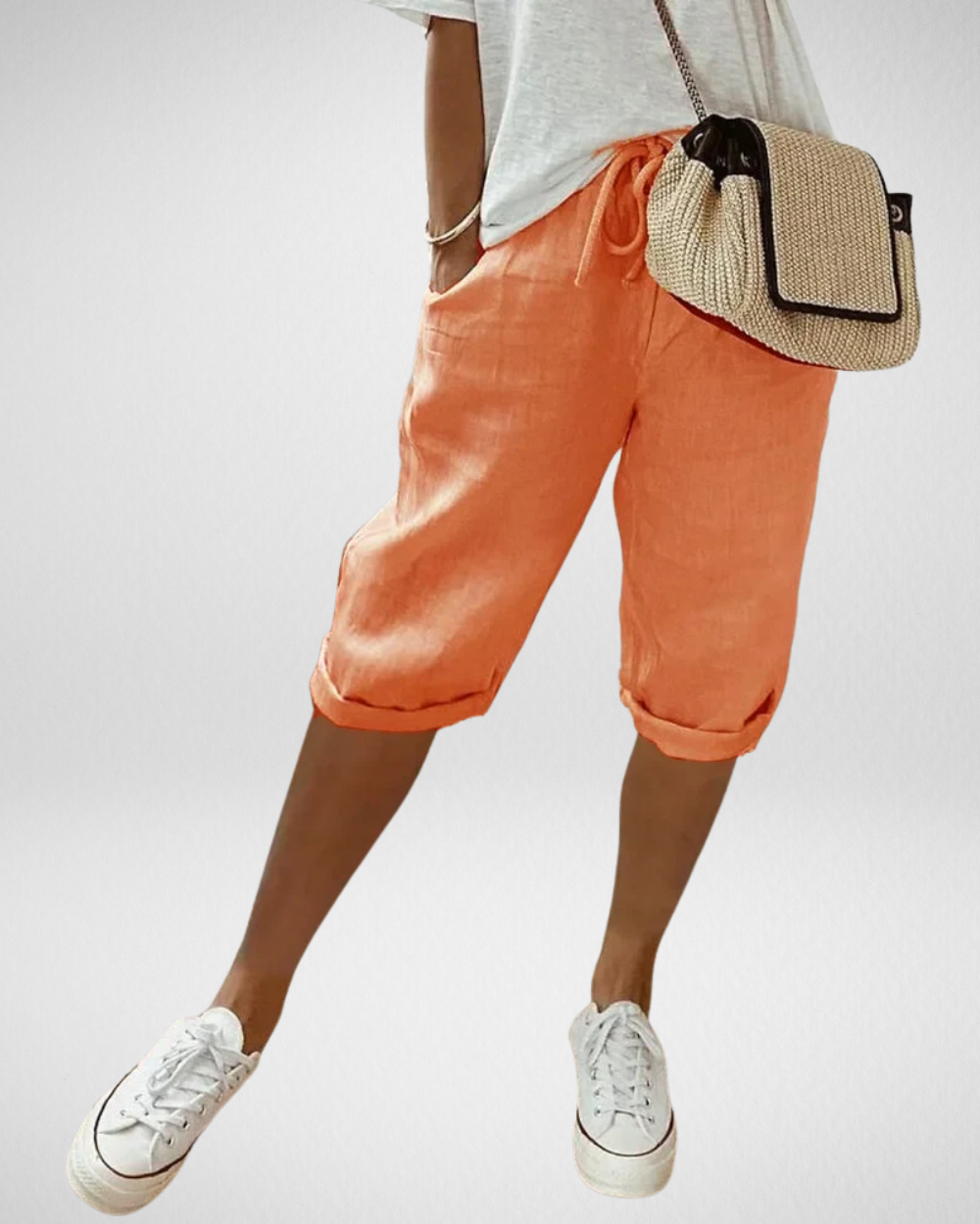 女性用リネンブレンドひざ丈ショートパンツ