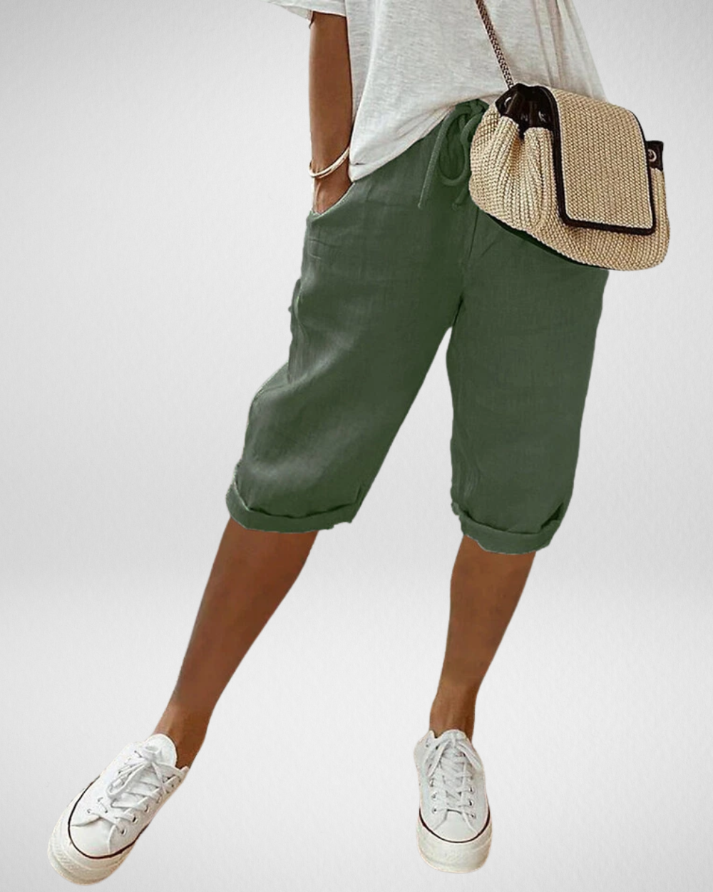 女性用リネンブレンドひざ丈ショートパンツ