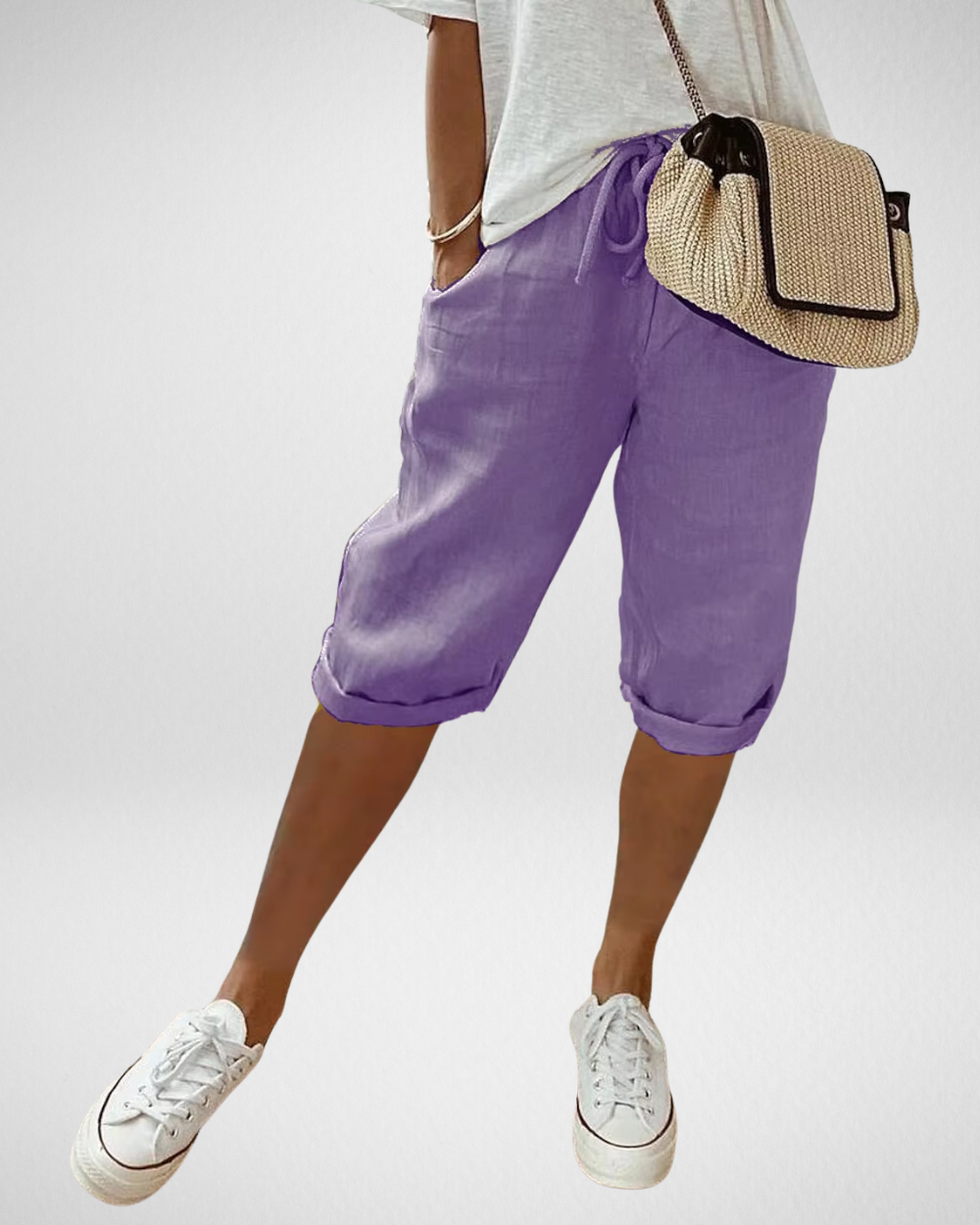 女性用リネンブレンドひざ丈ショートパンツ