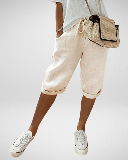 女性用リネンブレンドひざ丈ショートパンツ