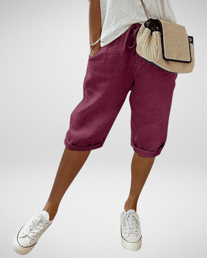 女性用リネンブレンドひざ丈ショートパンツ