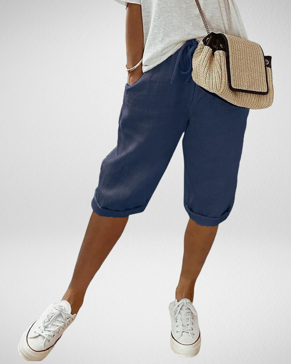 女性用リネンブレンドひざ丈ショートパンツ