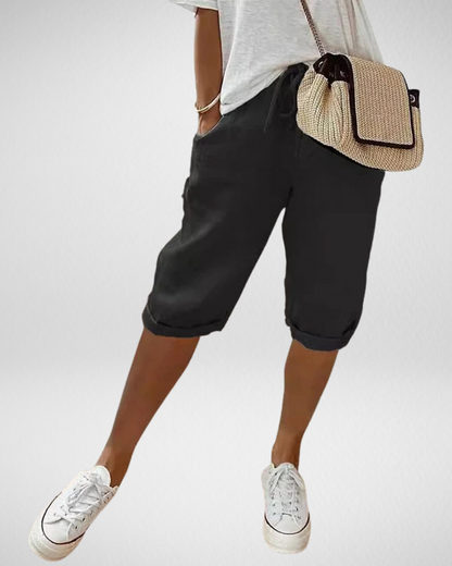 女性用リネンブレンドひざ丈ショートパンツ