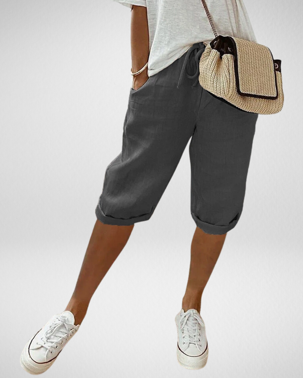女性用リネンブレンドひざ丈ショートパンツ