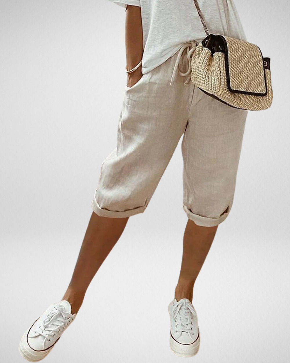 女性用リネンブレンドひざ丈ショートパンツ