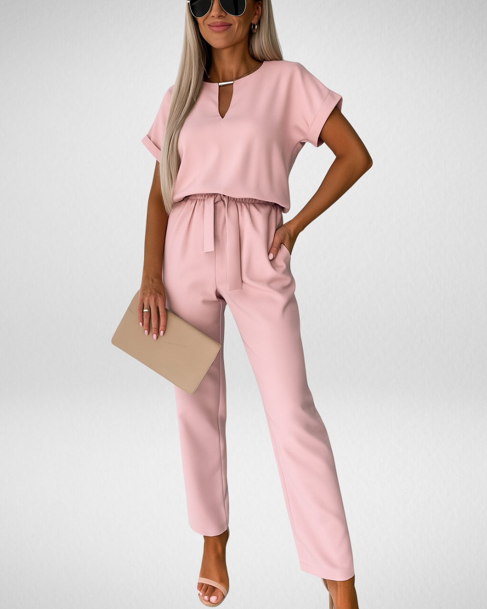 女性用ウエストリボン付きセットアップジャンプスーツ