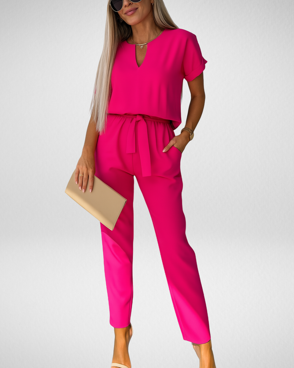 女性用ウエストリボン付きセットアップジャンプスーツ