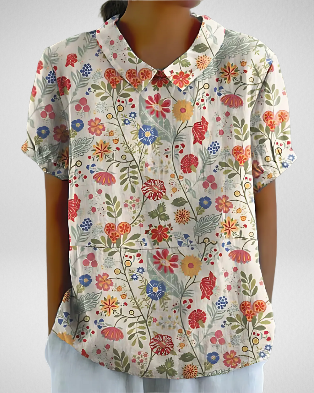 女性用半袖ボタニカルプリントシャツブラウス