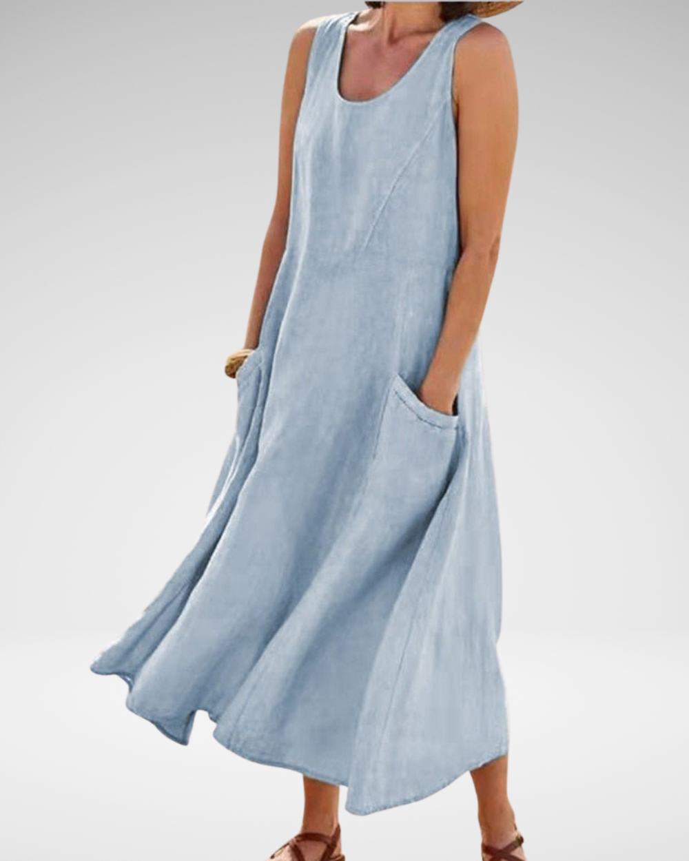 ナチュラルなリネン風カジュアルノースリーブワンピース