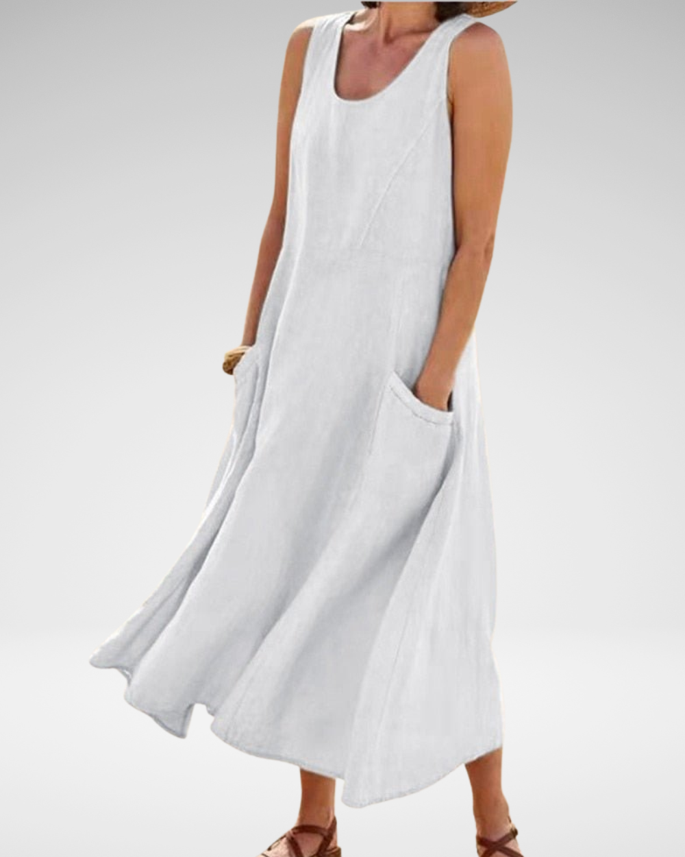 ナチュラルなリネン風カジュアルノースリーブワンピース