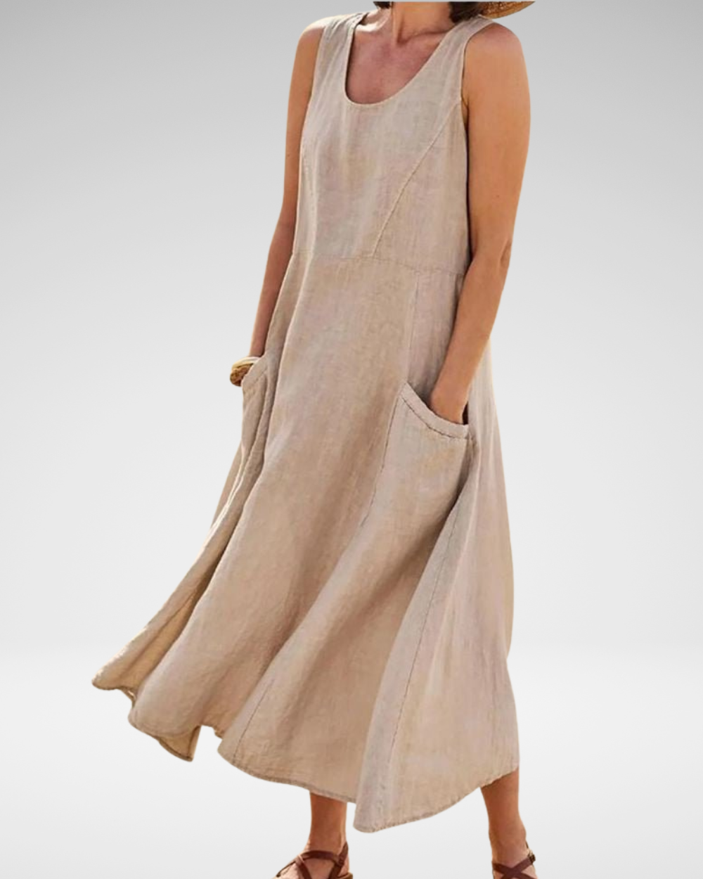 ナチュラルなリネン風カジュアルノースリーブワンピース