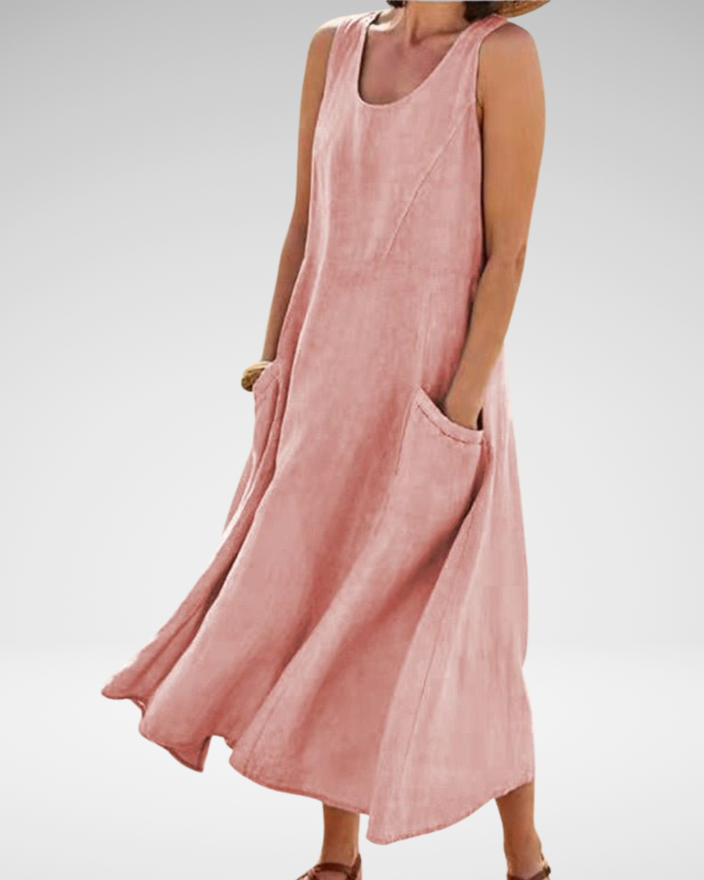 ナチュラルなリネン風カジュアルノースリーブワンピース