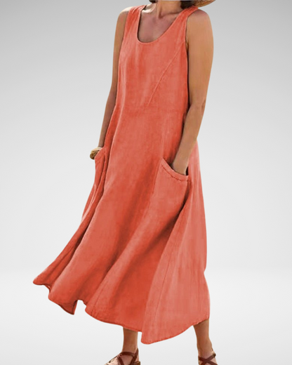 ナチュラルなリネン風カジュアルノースリーブワンピース