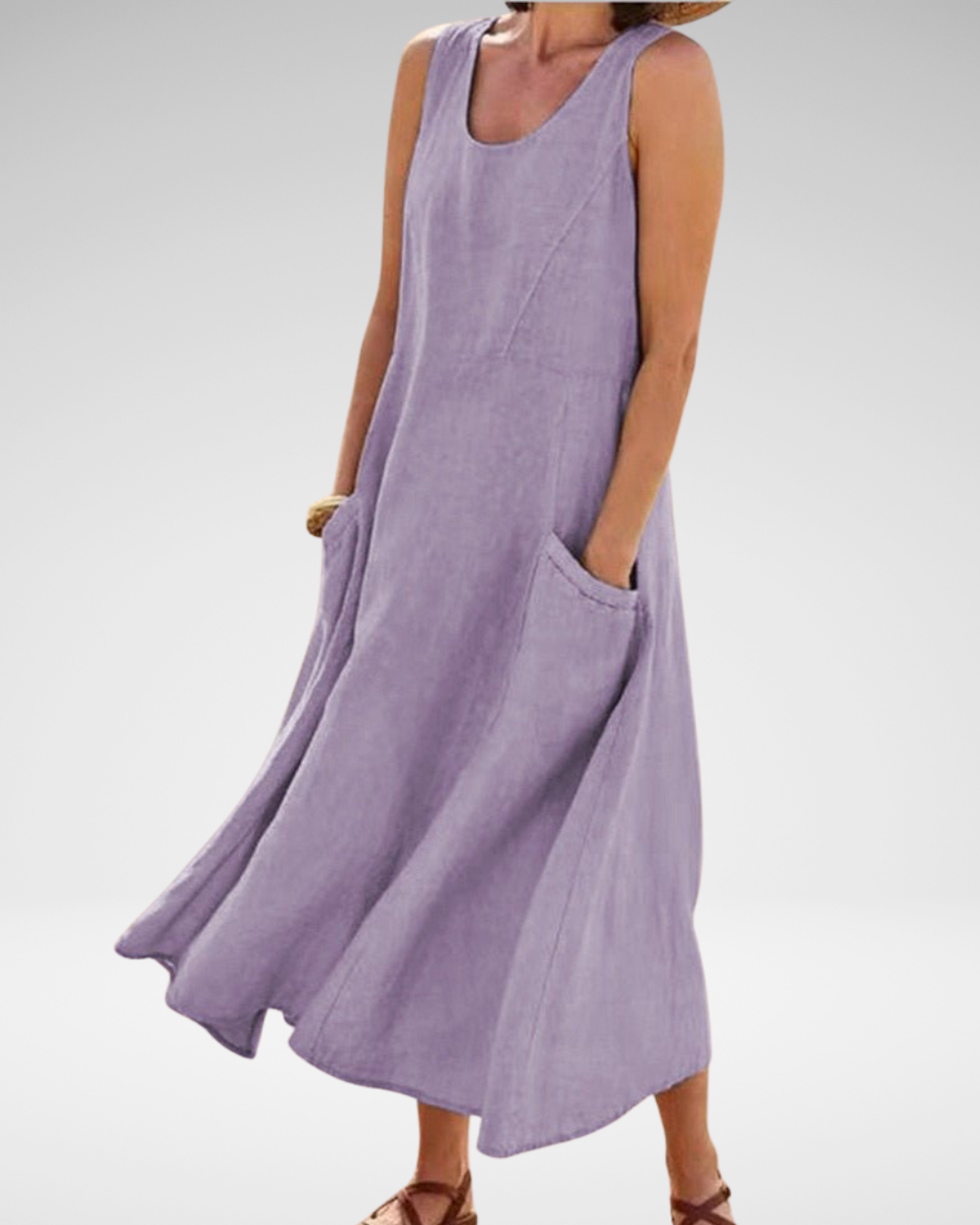 ナチュラルなリネン風カジュアルノースリーブワンピース