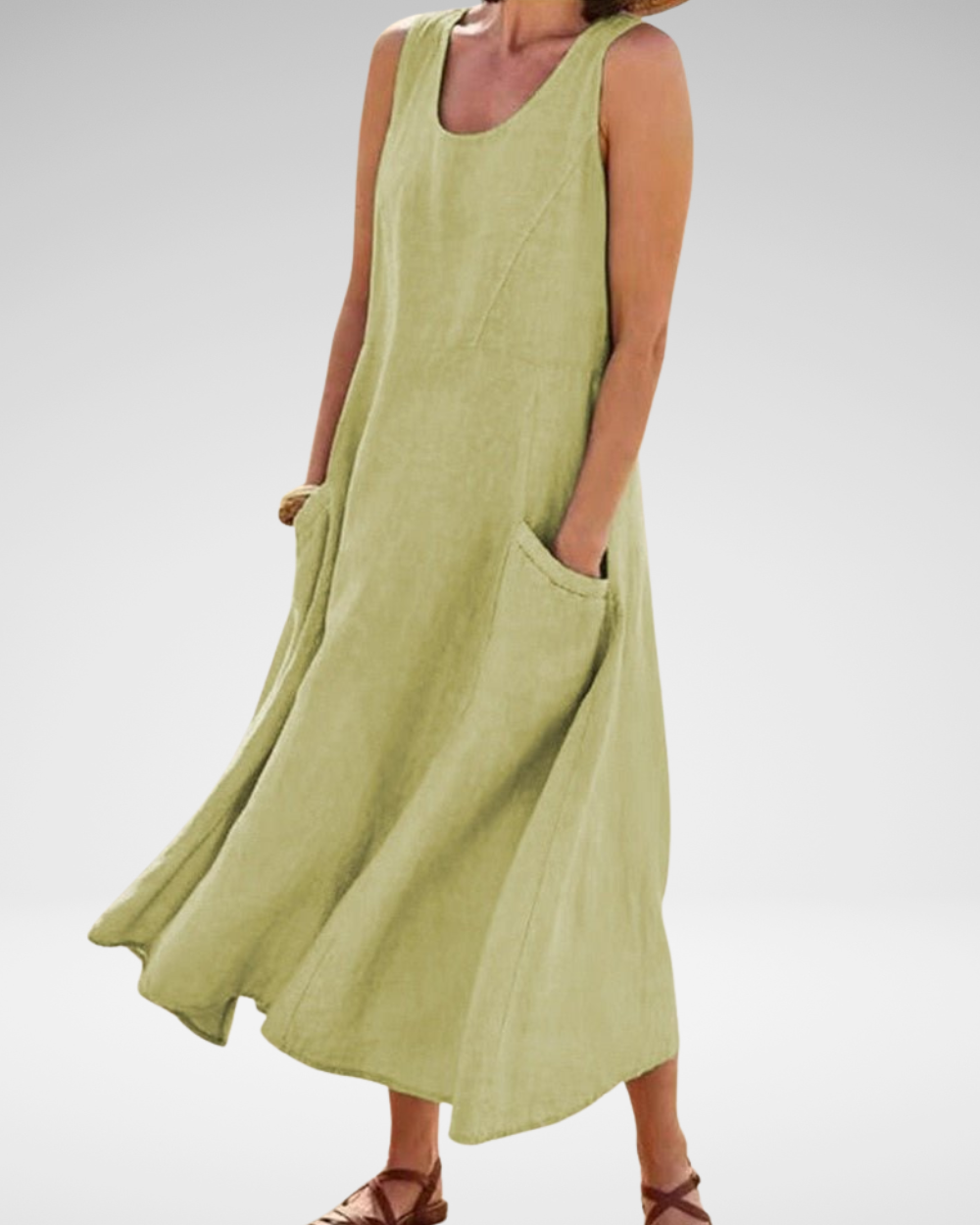 ナチュラルなリネン風カジュアルノースリーブワンピース