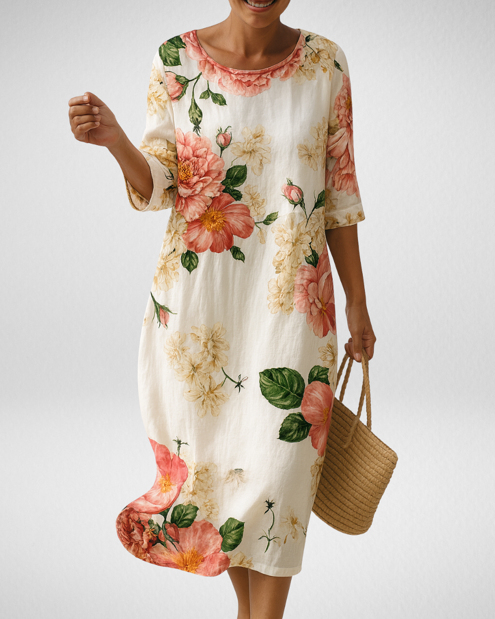 レディース フローラルミディワンピース（7分袖）