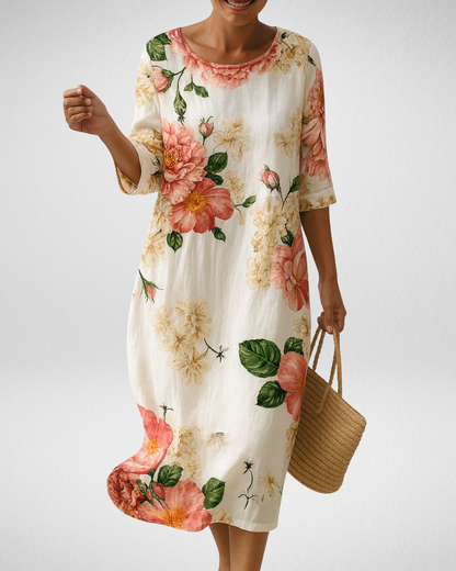 レディース フローラルミディワンピース（7分袖）