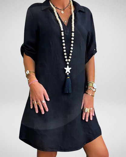 レディース リネン風カラー付きチュニックワンピース